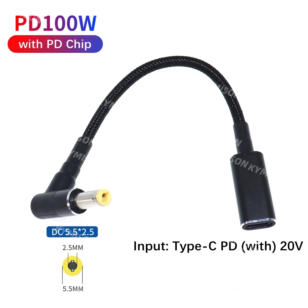 100W USB typu C żeński na wtyczkę 5,5x2,5 mm Konwerter zasilacza do laptopa Złącze USB C Kabel do szybkiego ładowania ładowarki do laptopa