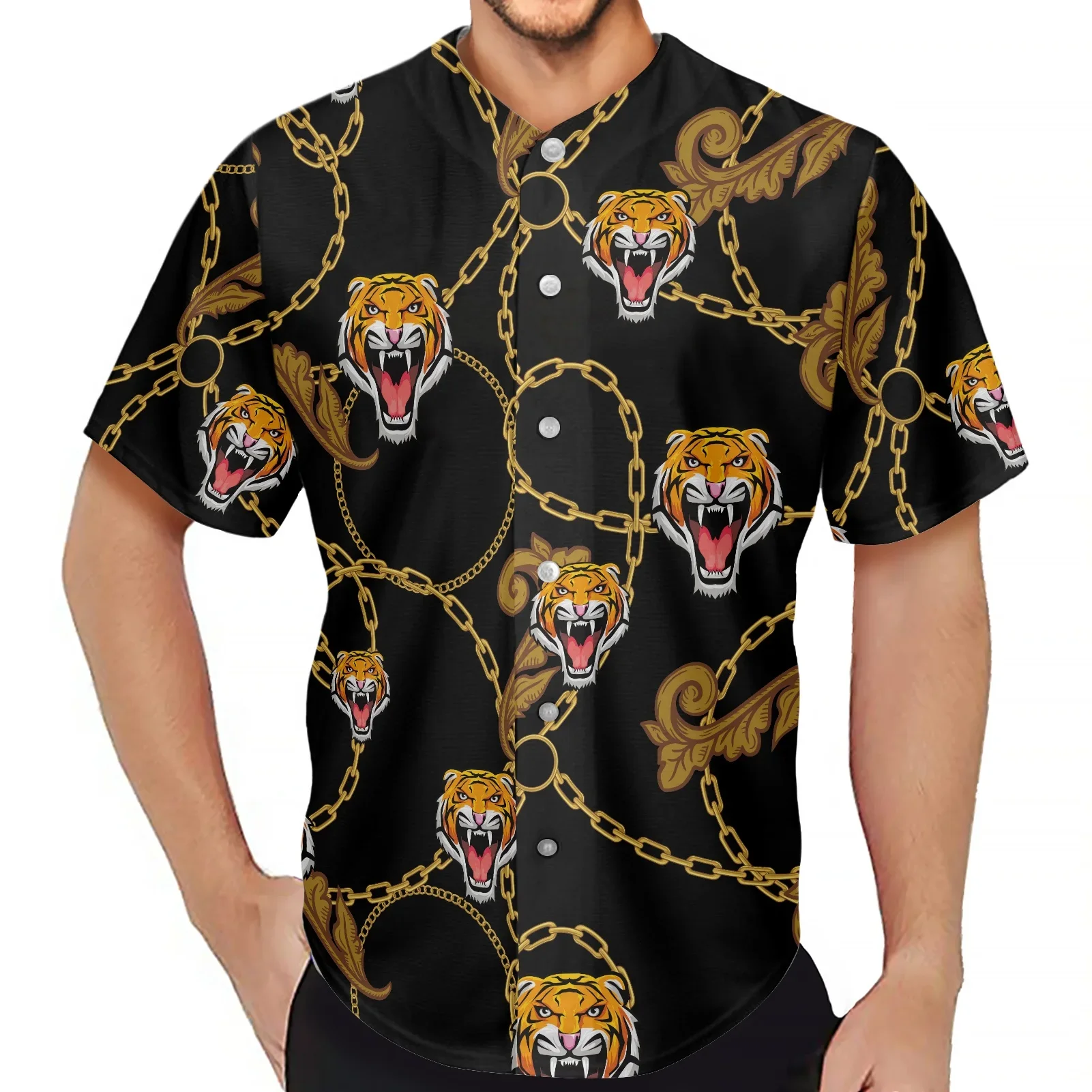 Men Baseball Jersey, Handsome Tiger, Metal Chain Pattern Design, Comfortable Loose Casual Soft Shirts, Party Shirts, Fashion