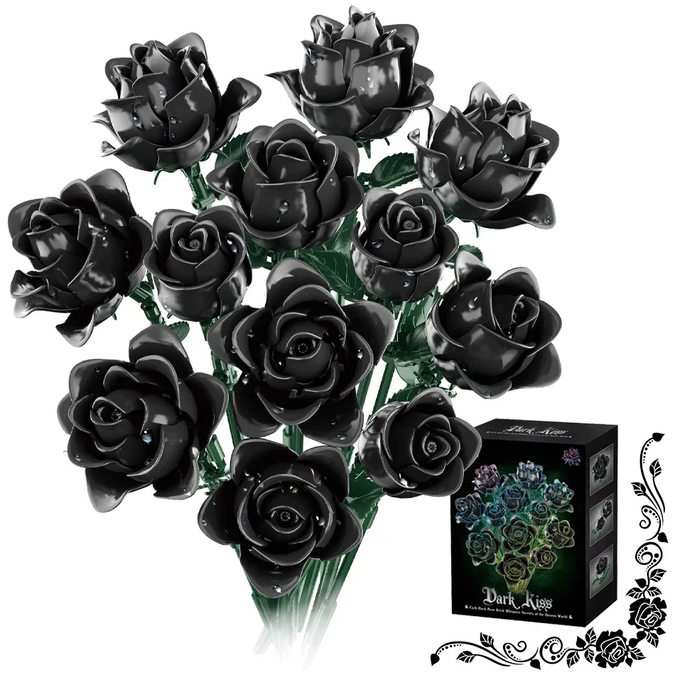 

585 PCS MOC Gothic Black Rose Building Blocks Simulated Roses Flowers Plant Bouquet DIY Bricks Toy Birthday Valentine's Day Gift