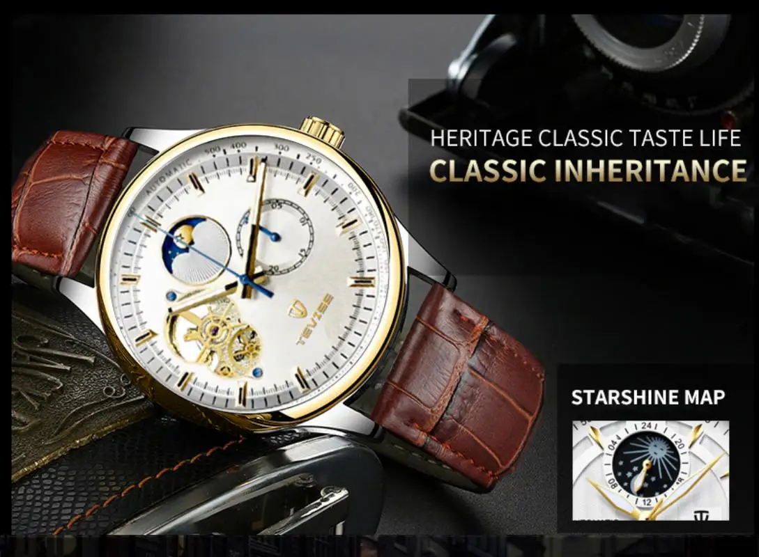 

New Men's Mechanical Watch Luxury Skeleton Design Automatic Luminous Leather Band Waterproof Timepiece