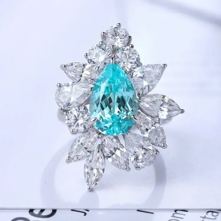 

Ruihe New Fashion S925 Silver 5.33ct Pear Shape Lab Grown Paraiba Sapphire Ring Engagementring Women Customized Jewelry Wedding