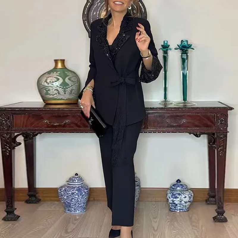 2025 Autumn Long Sleeved Blazer Jacket Suit Women's Simple Solid Color Casual Two Piece Set Office Temperament Long Pants Outfit