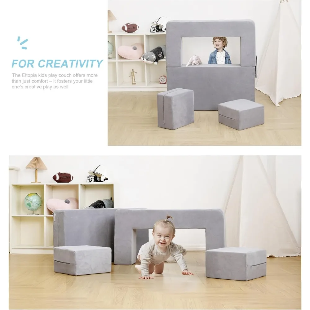 أريكة سرير قابلة للتحويل للأطفال الصغار، كرسي بذراعين من الإسفنج، مجموعة أثاث لعب للأطفال، رمادي قطيفة قابلة للطي مبطنة