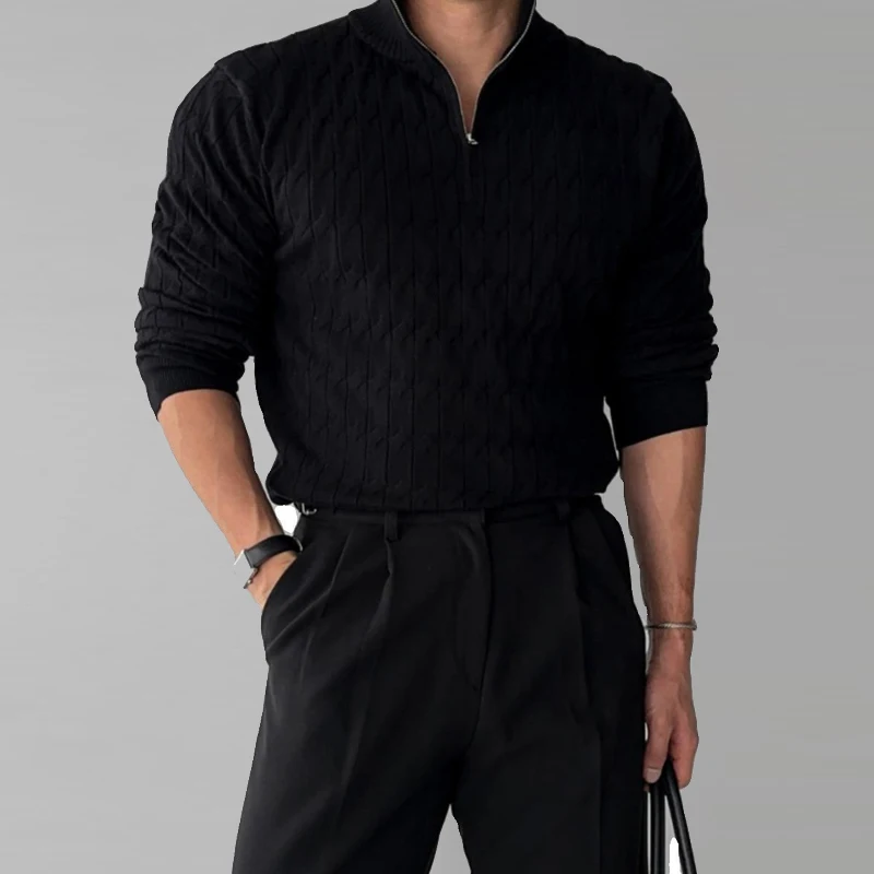 Vintage Twist Jacquard Sweater Men Knitted Zip-up Turtleneck Polo Shirt Fall Long Sleeve Solid Color Knit Pullover Mens Knitwear