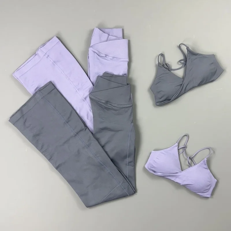 2 Piece Gym Set Women Strap Sports Bra Crossover Waist Flare Yoga Pants Butt Lifting Bootcut Leggings Pilates Workout Activewear