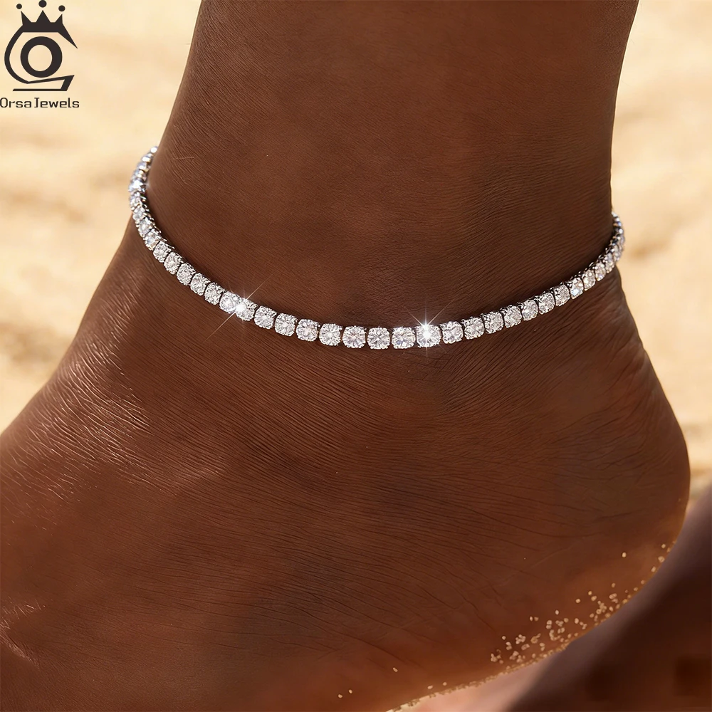 

ORSA JEWELS Модный регулируемый браслет-цепочка на ногу из серебра S925 пробы, 2 мм, с фианитами, винтажный, для пляжа, SA03