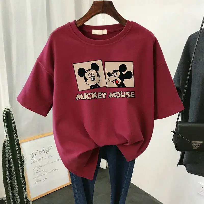 

100% Cotton Mickey Print Short Sleeve Tee, Korean Oversized Plus Size Tops, 2026 Summer American Retro Casual T-Shirt for Women