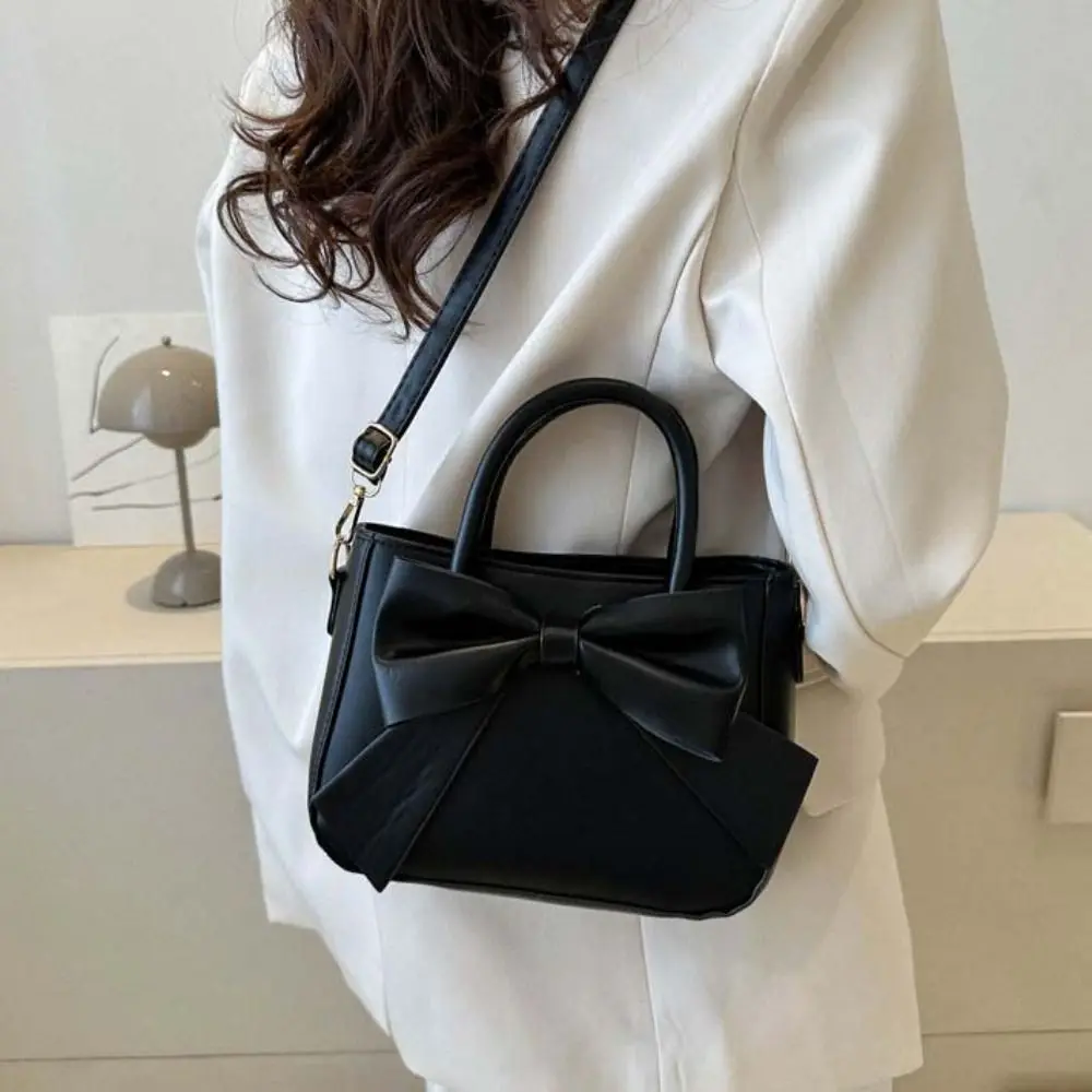 

Solid Color Bowknot Shoulder Bag Large Capacity Zipper Leather Bow Crossbody Bag Makeup Lipstick Bag Stroge Bag