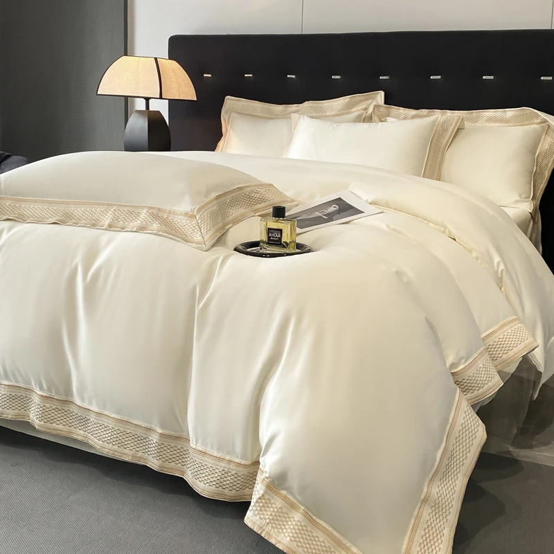 Wide edge Embroidery Beige Bedding Sets Luxury 100% Cotton Solid Color Duvet Cover Fitted Bed Sheet Pillowcases Mattress Cover