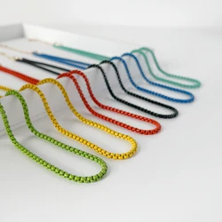 Peri'sBox Minimalist Rainbow Painted Brass Box Chain Necklace For Women Colorful Link Chian Stacked Necklaces Summer Beach Gift