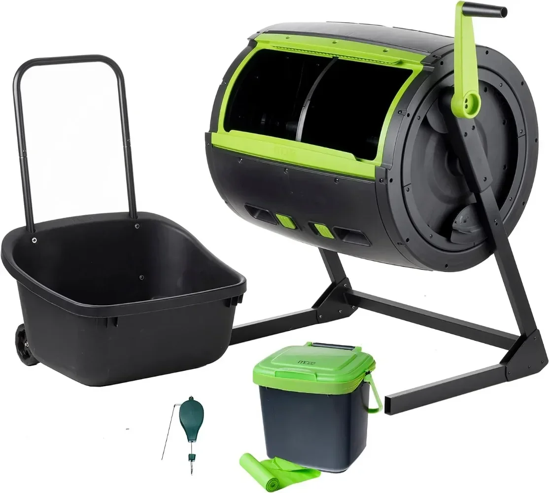 Two Stage 65 Gal Compost Tumbler with Large Double Doors Open Frame and Comes Maze Compost Car Retractable Plant Caddie