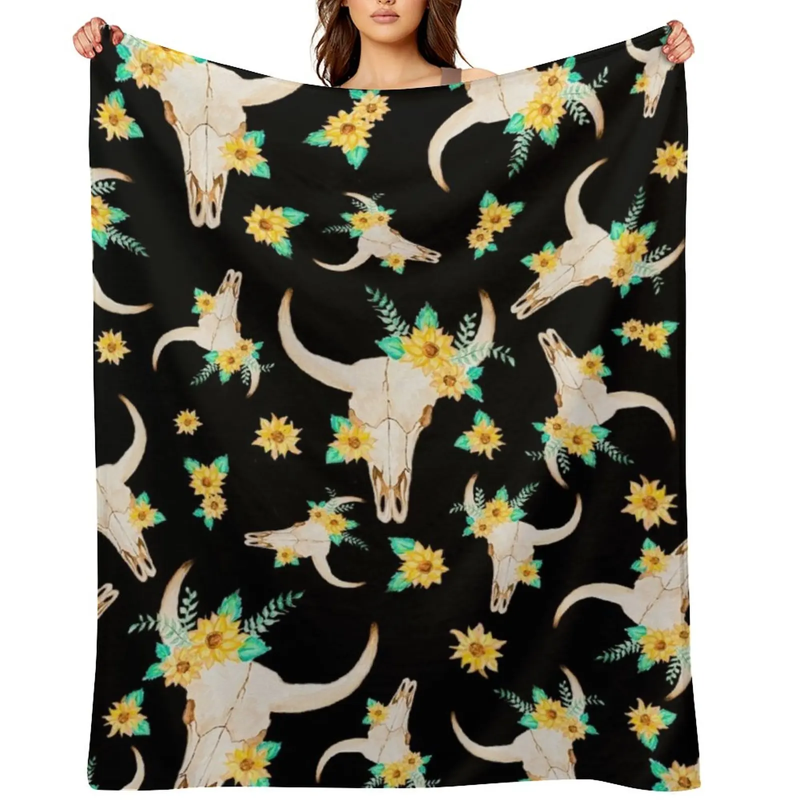 

Sunflower Bull Skull (Black) Throw Blanket Thins Cute Plaid halloween Decorative Throw Blankets