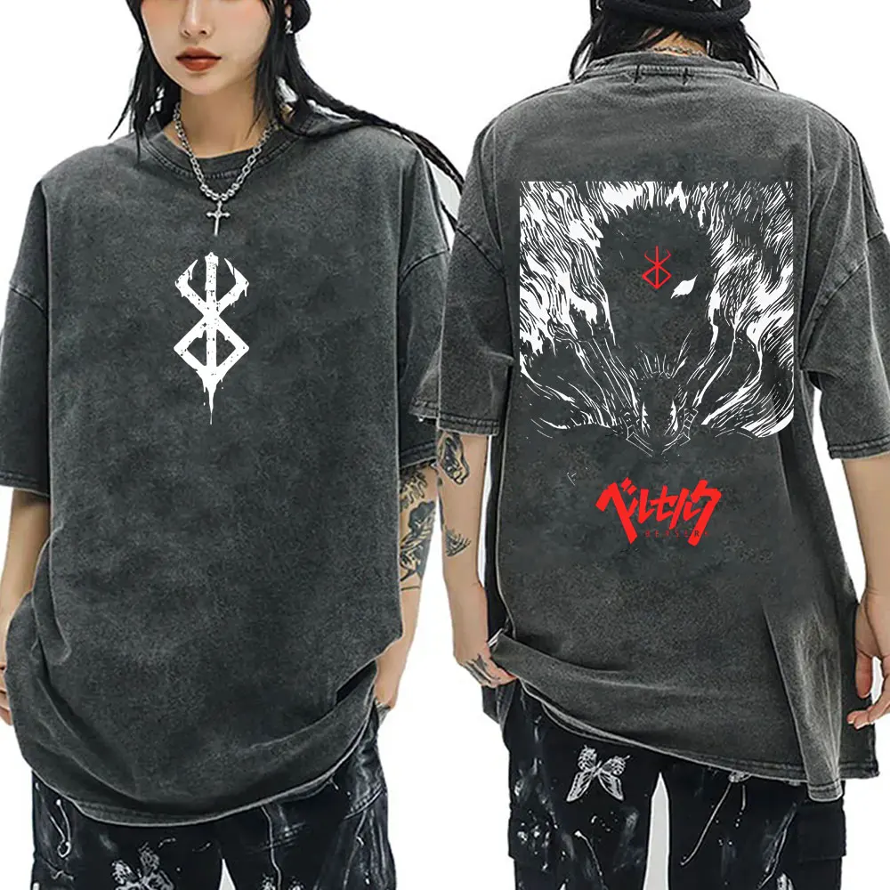 Washed Vintage Anime Berserk Guts Face Graphic T-shirt Retro Skull Knight Gatsu Griffith Zodd T Shirts Men Oversized Streetwear