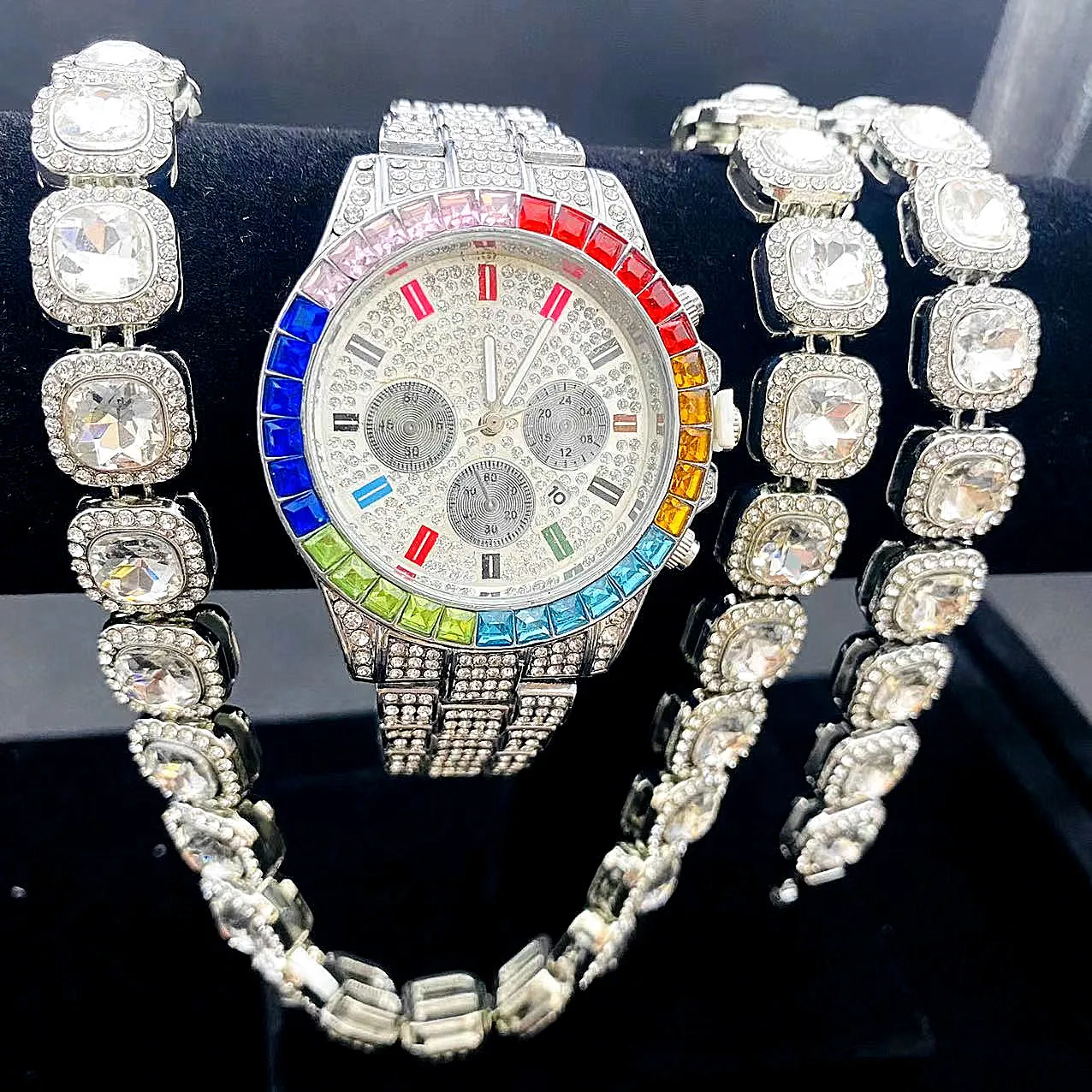 Reloj Iced Out de 3 piezas para hombre y mujer, pulsera y collares de color dorado, conjunto de joyería ostentosa con cadena Cubana