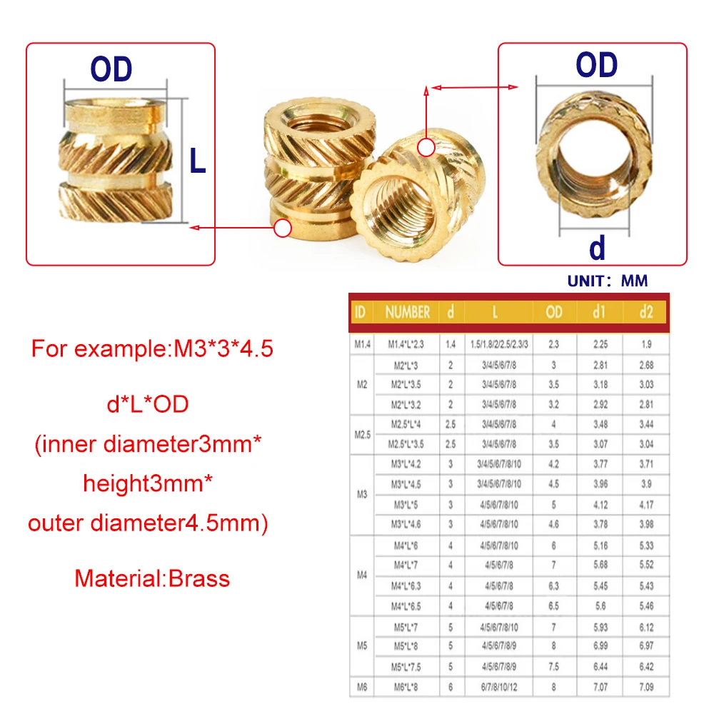 M2 M2.5 M3 M4 M5 M6 M8 Hot Melt Flange Thread Knurled T-type Brass Insert Nut Copper for 3D Printing Injection Embedment Molding