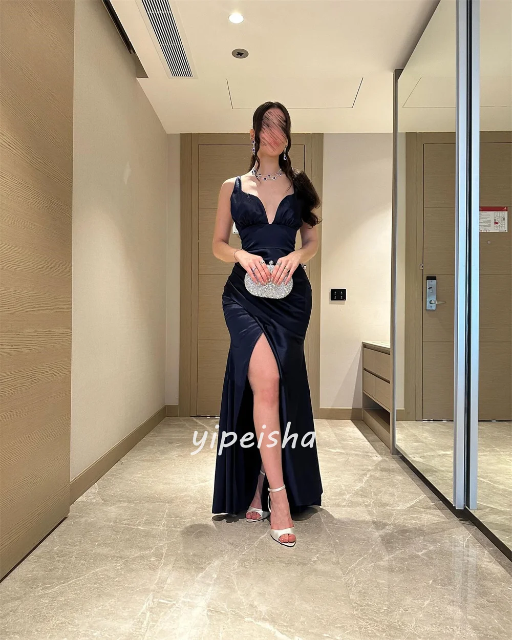 Abiti lunghi classici personalizzati eleganti Charmeuse con sirena increspata e cinturino per spaghetti Abiti per occasioni su misura Taglie disponibili Sexy
