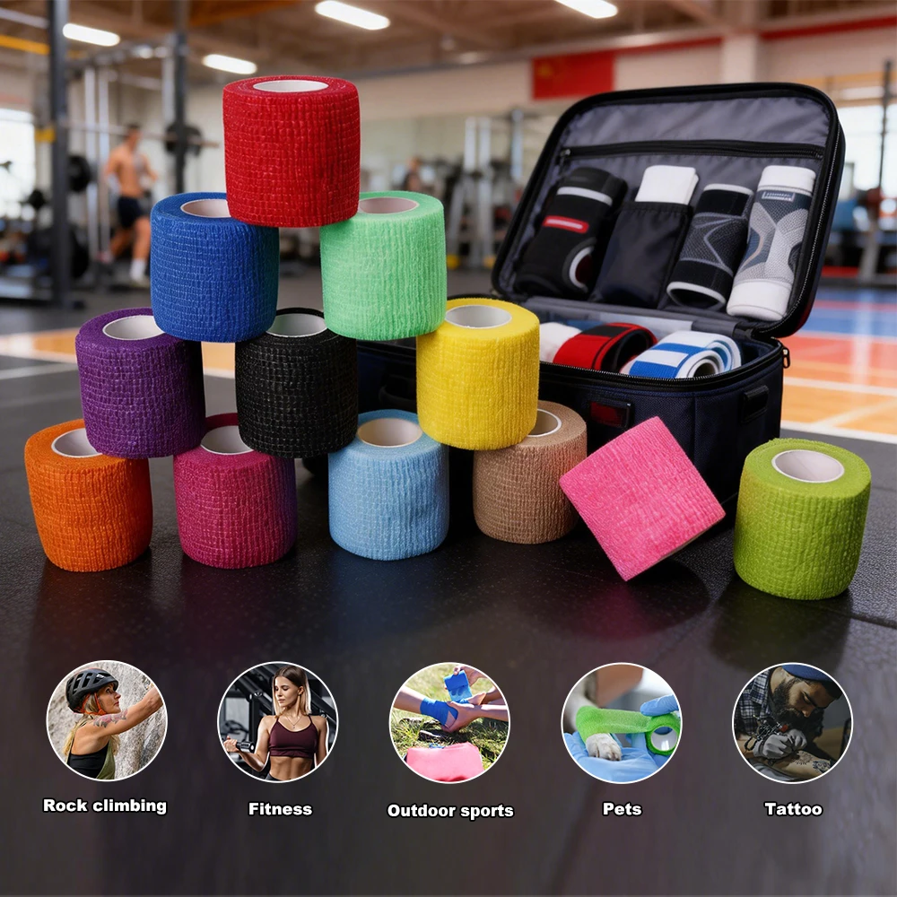 12Pcs Self Adhesive Tattoo Grip Tape 2.5cm*5m Cohesive Bandage Wrap in Red/Yellow/Pink/Purple/Black/Blue/Green for Tattoo Machin