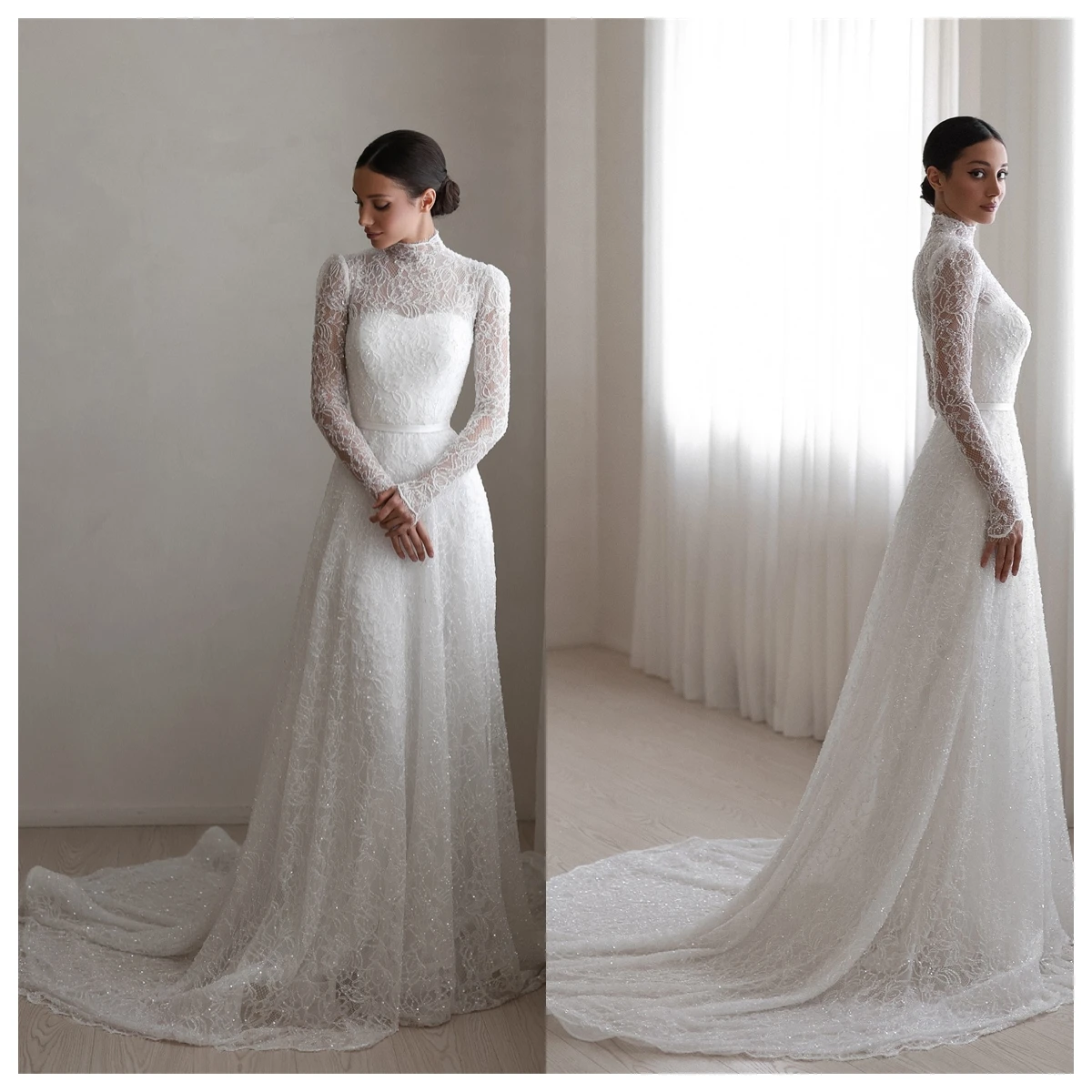 Robe de soirée en dentelle blanche, personnalisée, exquise, col haut, manches longues, robes d'occasion sur mesure, robe de mariée de haute qualité