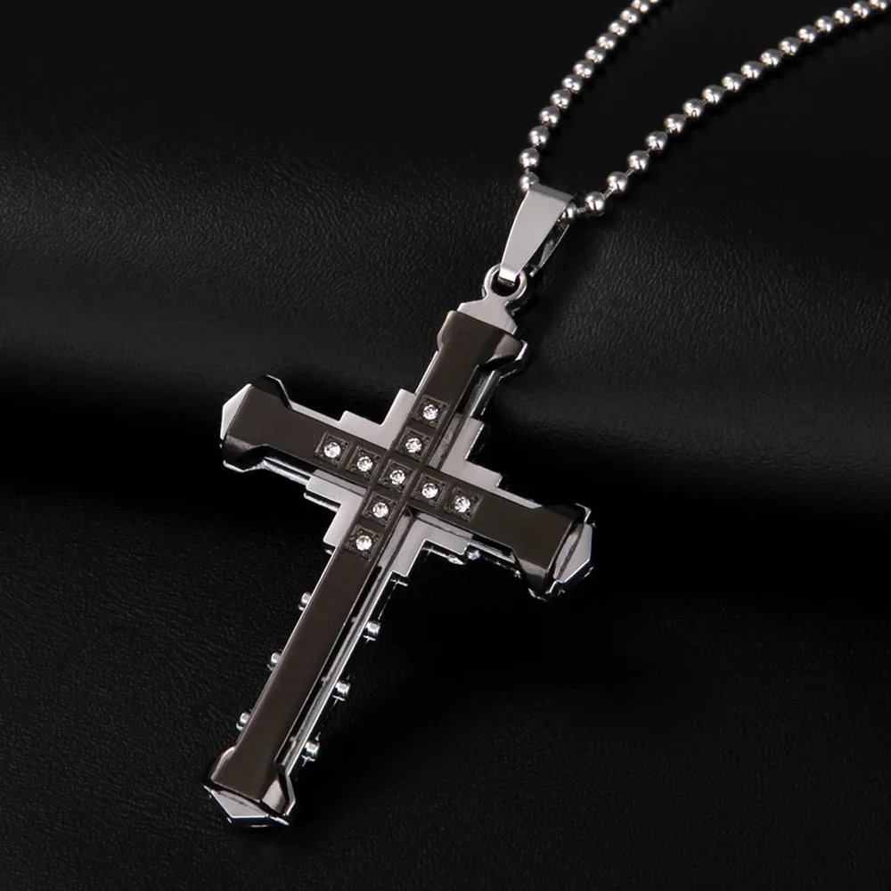 2024 New Male Crystal Jesus Gold/Black/Blue Color Zirconia Cross Pendant Necklace Stainless Steel Jewelry_maomaolike.com