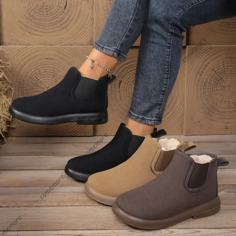 Comemore Women's Winter Boots New Flat Bottom Casual Warm Cotton Ankle Boots Shoes  Plush Solid Slip on Short Botines for Women