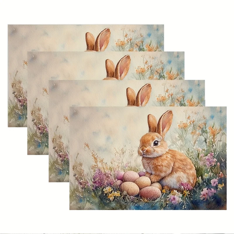 4 Stück Frühlings-Osterhasen & Blumen-Tischsets, Maschinenwaschbare Tischmatten, Rechteckig, für Esszimmer- und Küchendekoration