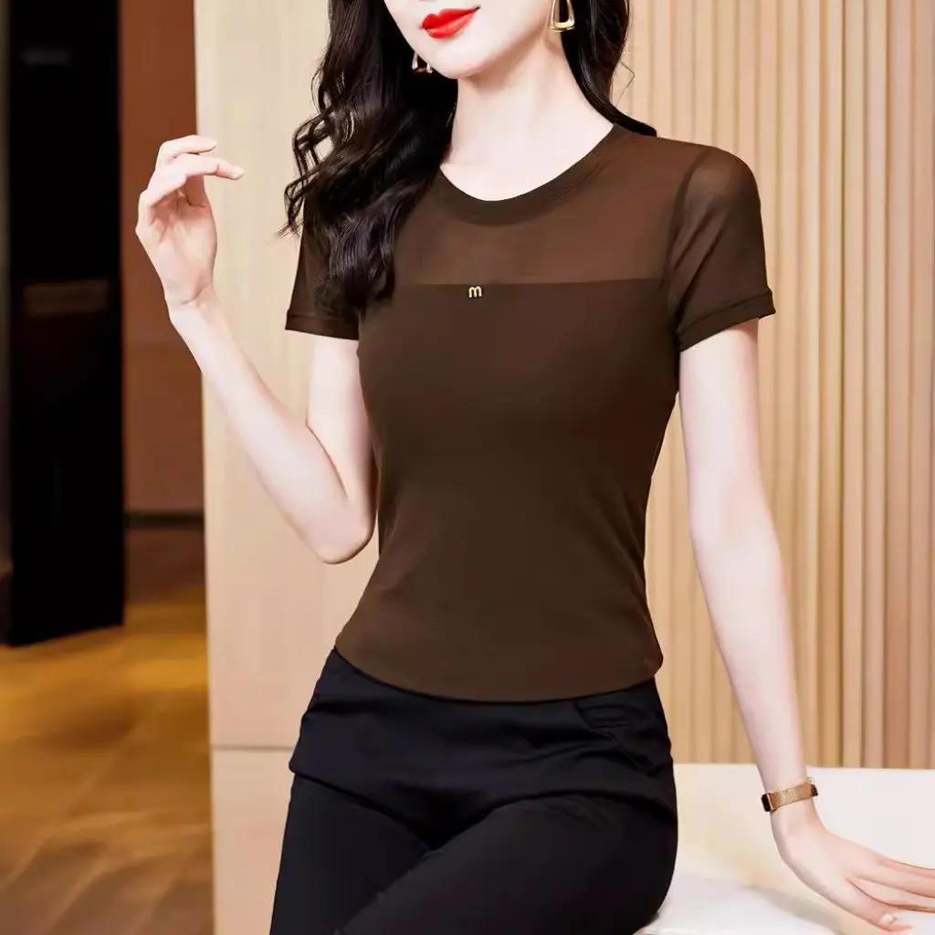 

Summer New Women's round Neck Mesh T-shirt Solid Color Slim-fit Base Shirt Large Size All-match Short Sleeve