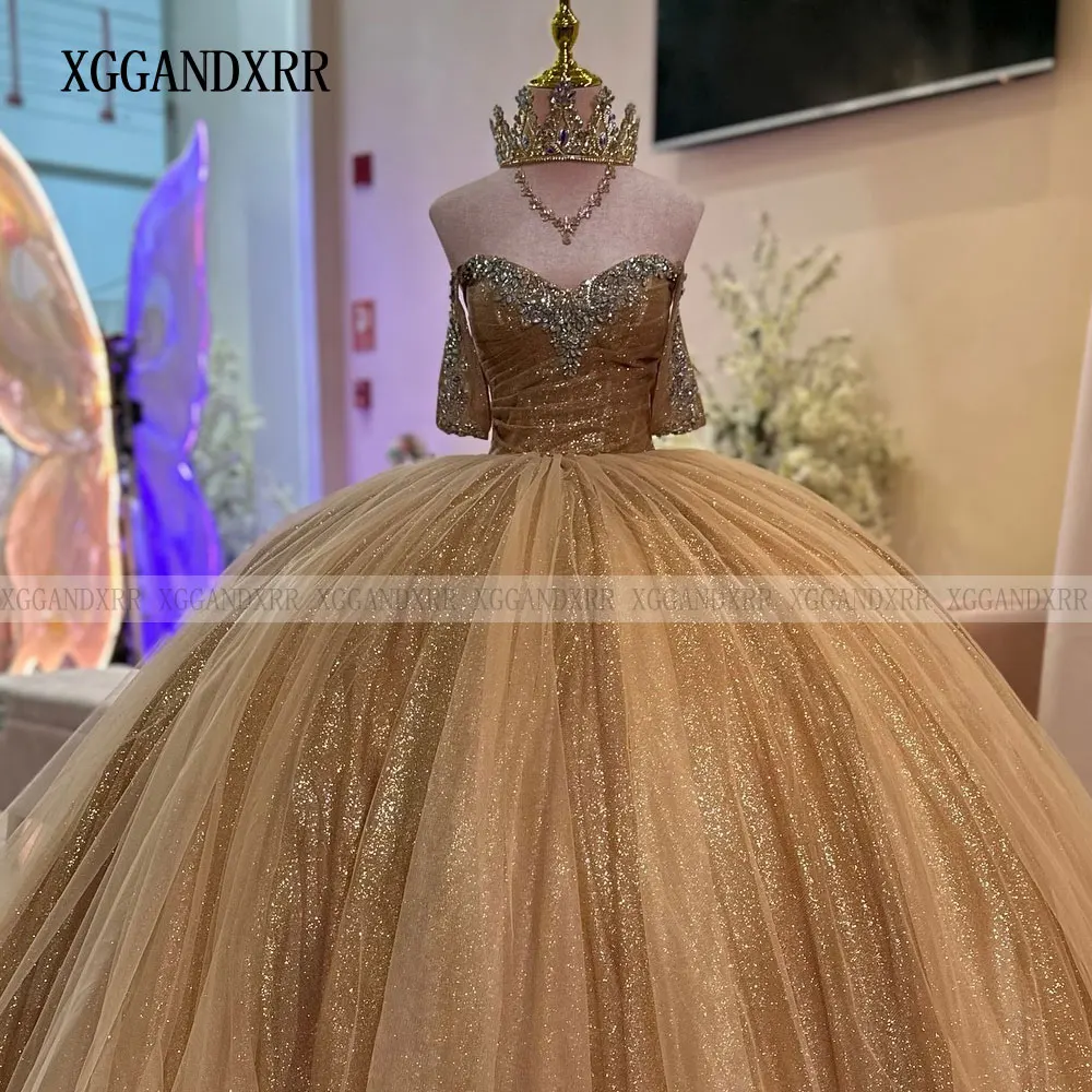 Robe De bal dorée personnalisée, robes De Quincenara, paillettes, cristal, volants, couche douce 16, 15 robes De XV Aniver d'anniversaire, 2025