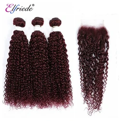 Elfriede #99J Burgundy Kinky Curly Precolored Hair Bundles with Closure 100% Remy Human Hair 3 Bundles with Lace Closure 4x4