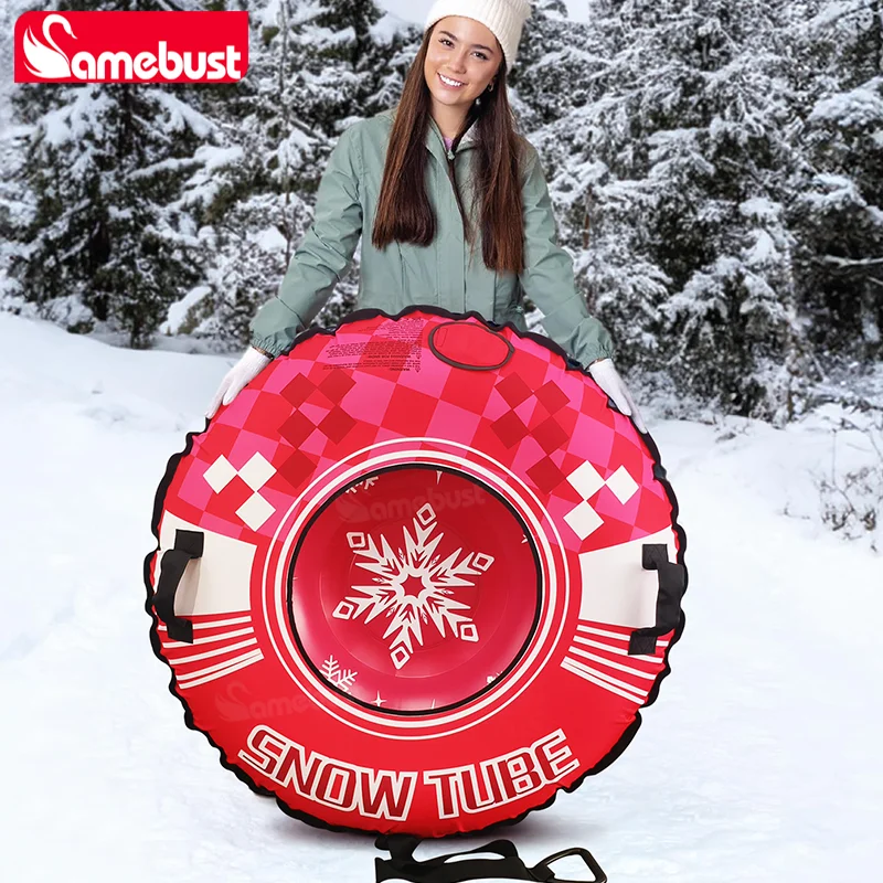حلقة تزلج جديدة قابلة للنفخ مقاس 47 بوصة من Camebust مع غطاء قماش أكسفورد أنبوب ثلج شتوي، أحمر وردي