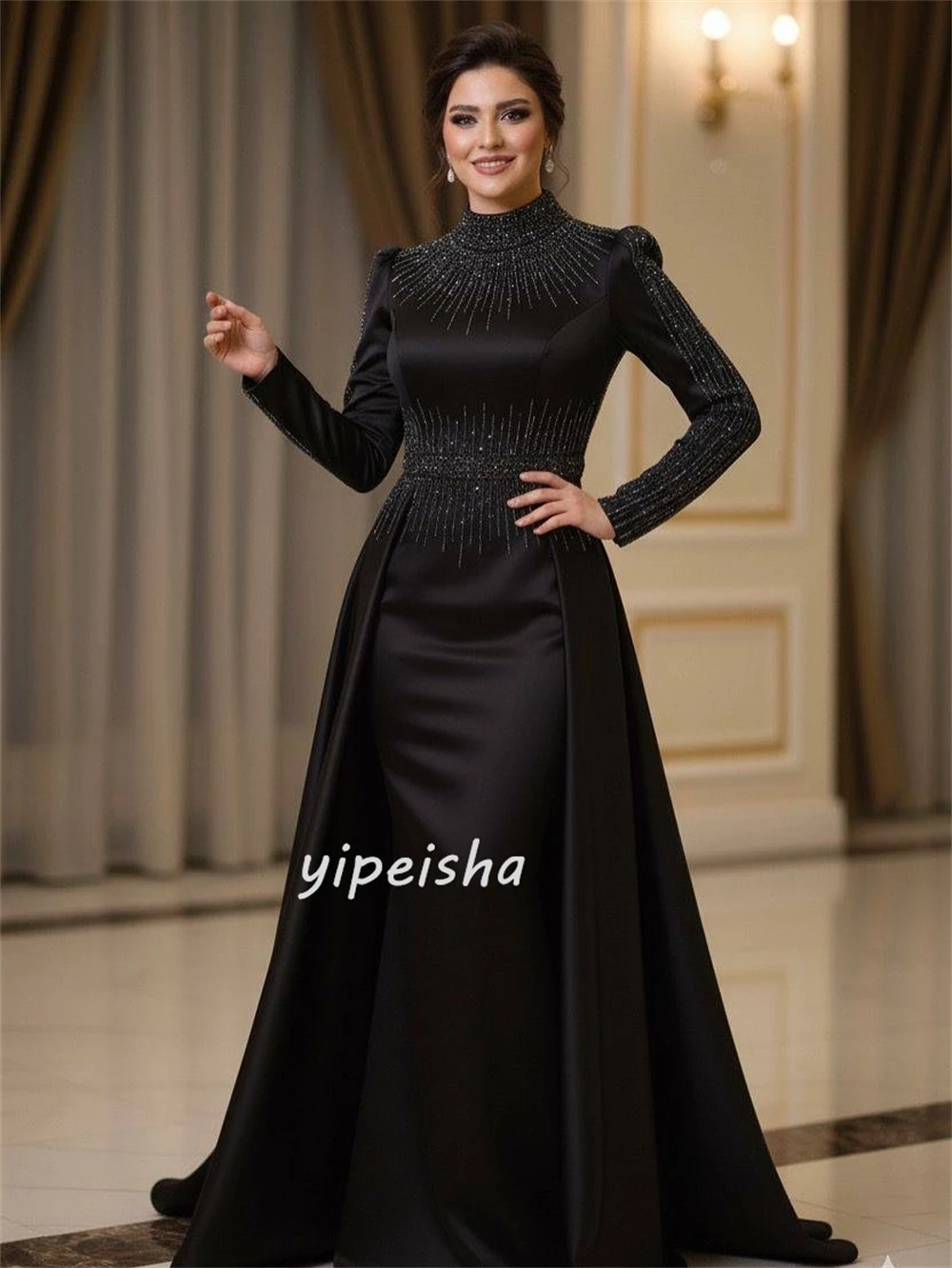 맞춤형 고급 포멀 샤무즈 라인스톤 주름 머메이드 하이 칼라 롱 드레스 맞춤형 행사 드레스 세트