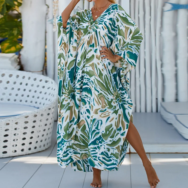 

2023 Summer Cotton V-neck Printed Beach Coverup for Vacation and Leisure Bikini Sunscreen Beach Skirt Printed Loose S-5XL