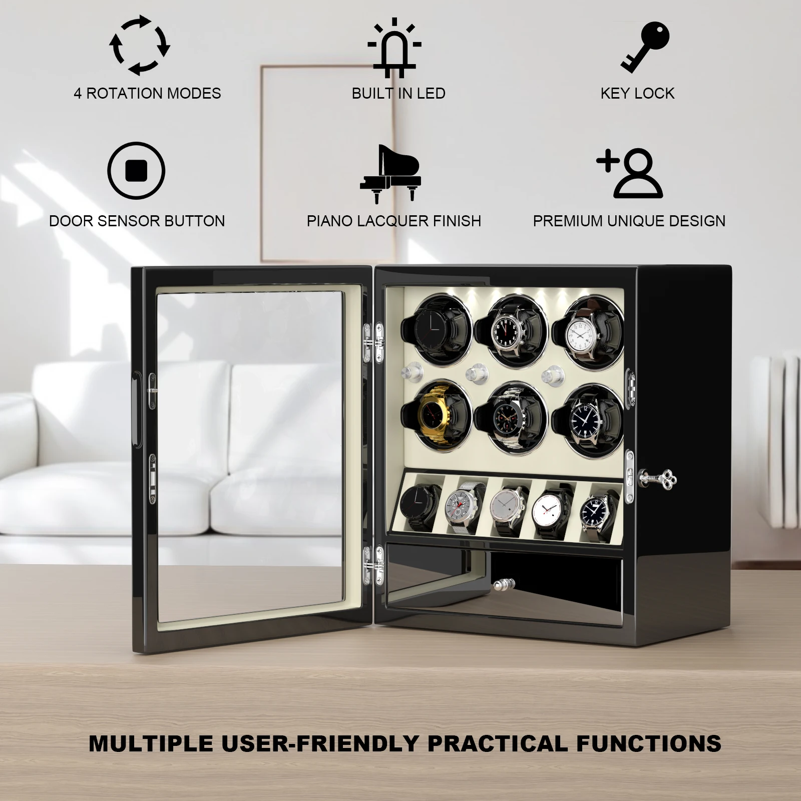 Winder jam tangan otomatis, Winder jam tangan otomatis, Slot 2/4/6/8 dengan kotak penyimpanan ekstra, lampu LED, Motor Mabuchi sunyi