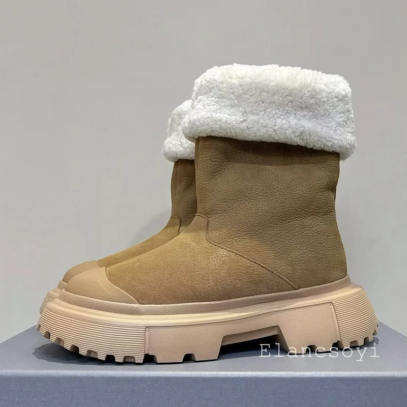 Winter Thick Soled Increased Height Wool Lined Snow Boots Women's Fur Anti Slip Short Boots Female Warm Real Wool Ankle Botas