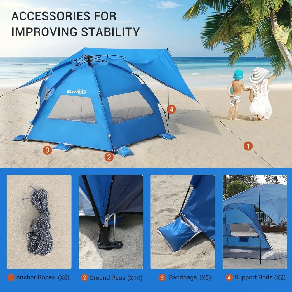 Tenda da spiaggia Elegear con baldacchino rimovibile a 360 °, riparo parasole Pop-Up per 4-6 persone, installazione automatizzata UPF 50 + doppio argento