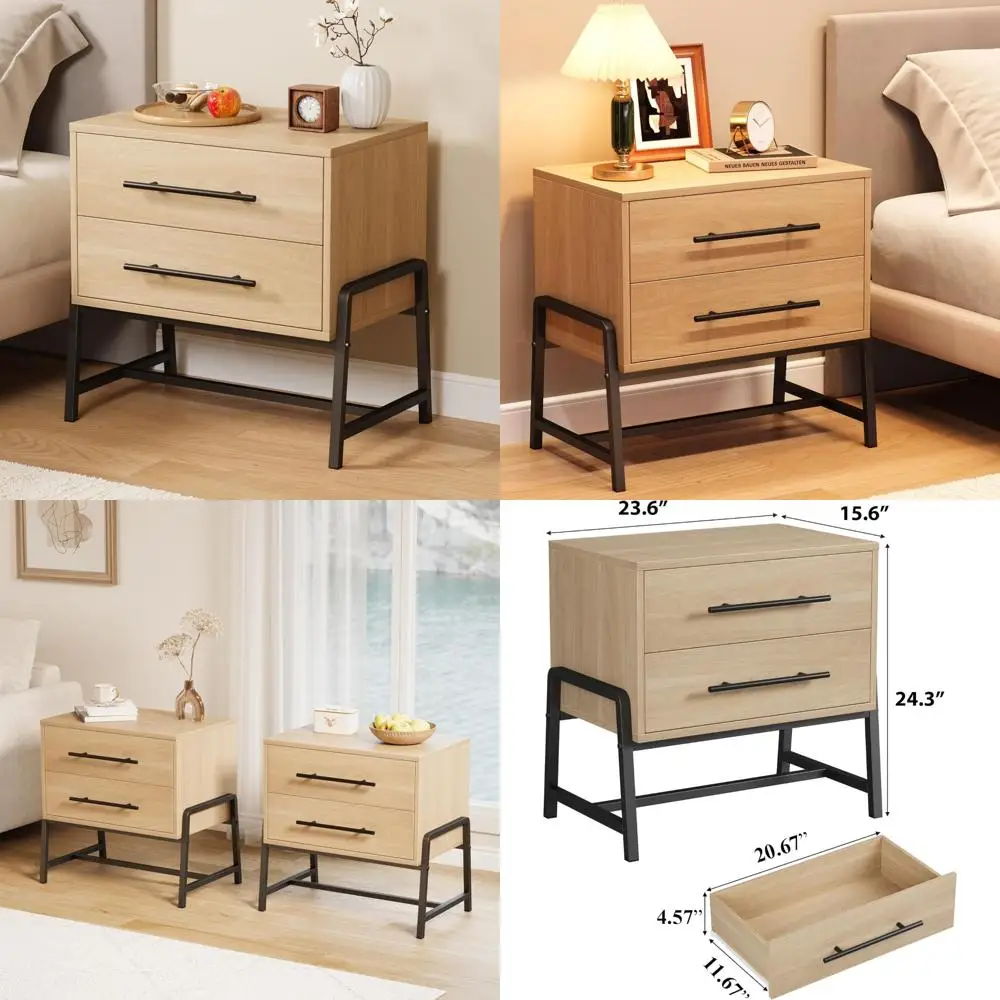 

Modern Mid Century Nightstand with Drawers - Wide Light Wood Bedside Table featuring Metal Legs for Contemporary Home Decor