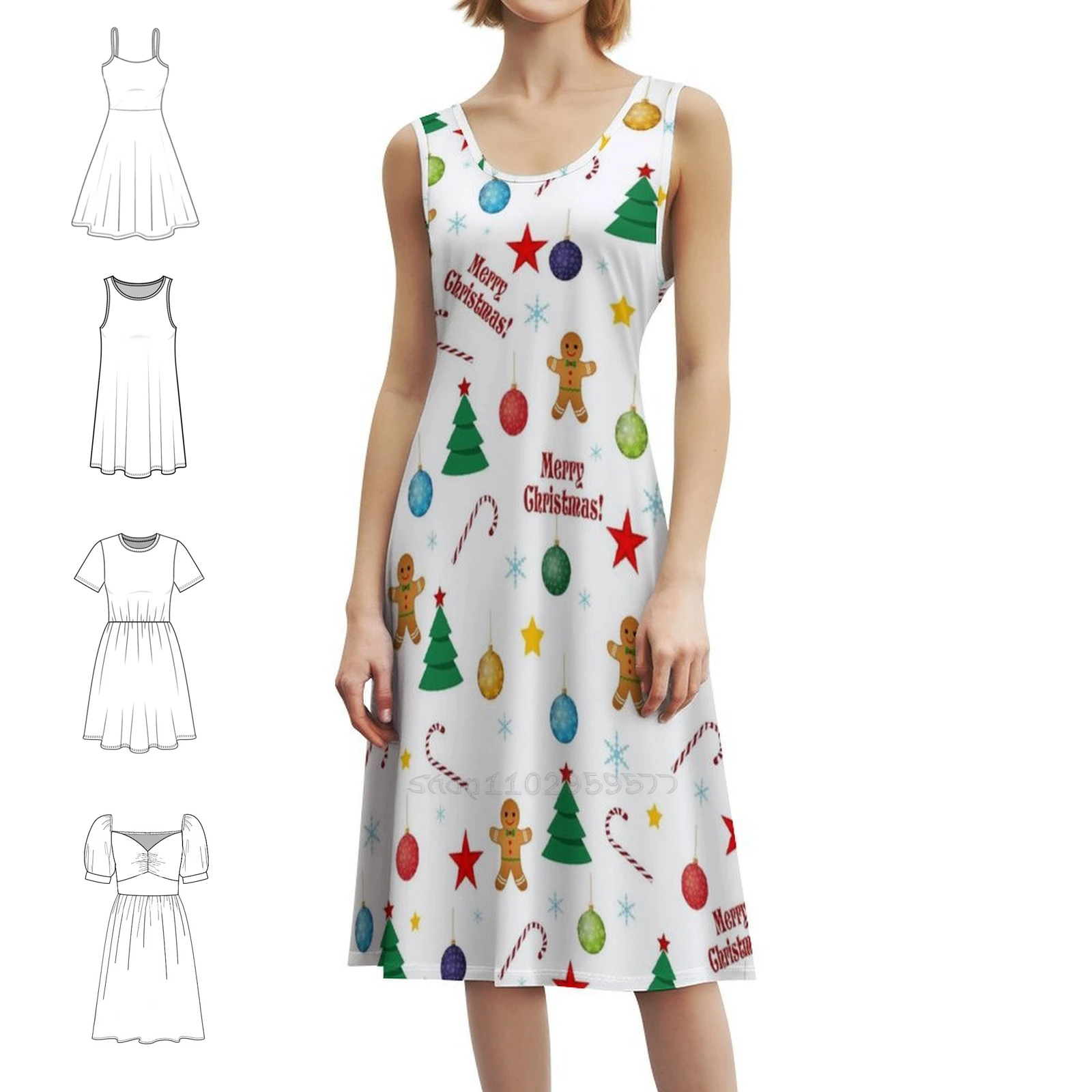 Christmas Pattern Bohemian Sleeveless Dress Multi-Print Beach Vacation Party Dress Santa Angel Bell Reindeer Candle Candy Party