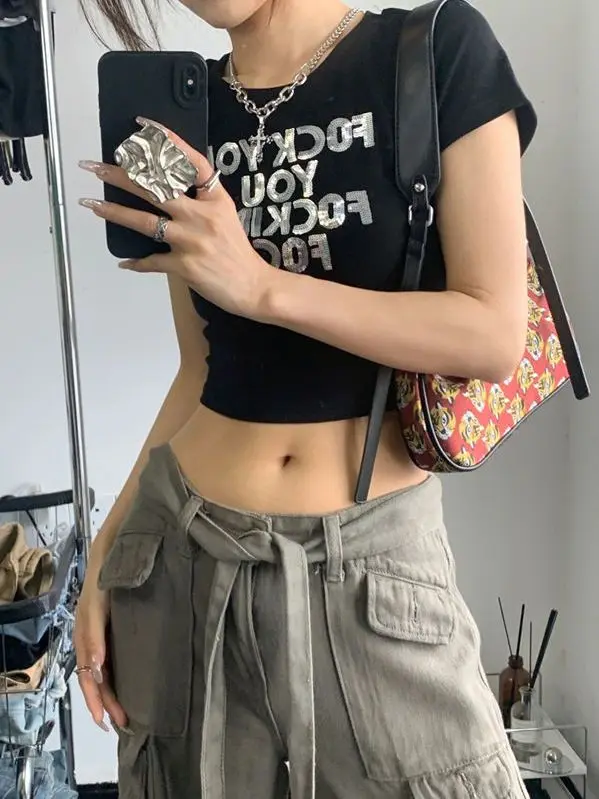 2000s Streetwear Harajuku maglietta a maniche corte Y2K Fashion Letter Print Cute Baby T Shirt Summer E-girl Black Crop Top Slim Fit