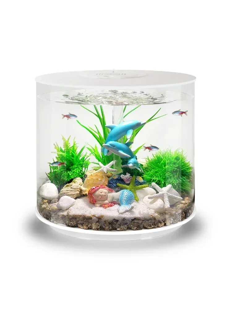 

Cylindrical Aerobic Fish Tank Living Room Home Desktop Silent Aquarium Small Ecological Lazy Artificial Landscape Decoration LED