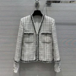 Runway Fashion Design Gold Thread Plaid White Tweed Jacket Women V-neck Long Sleeve Patchwork Silk Liner Vintage Sweet Coat