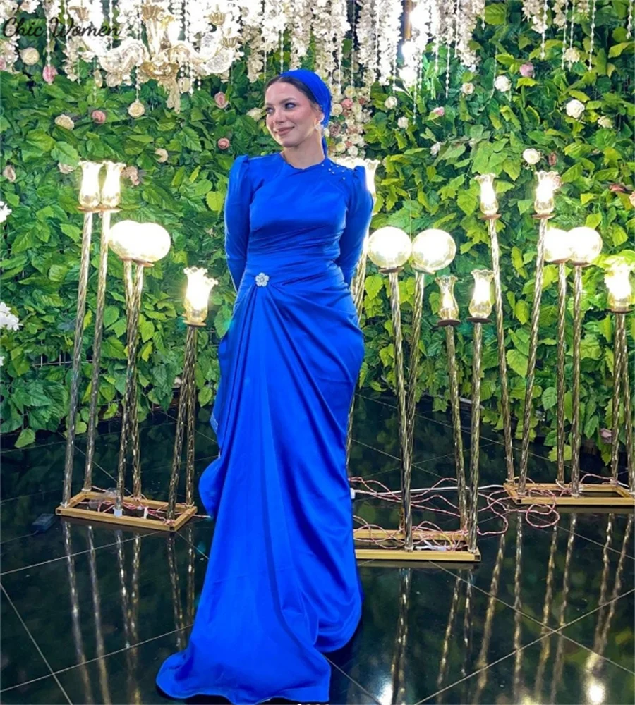 Beautiful Royal Blue Arabic Evening Dresses With Beaded Elegant Muslim Long Sleeve Prom Dress Formal Occasion Gowns Customized