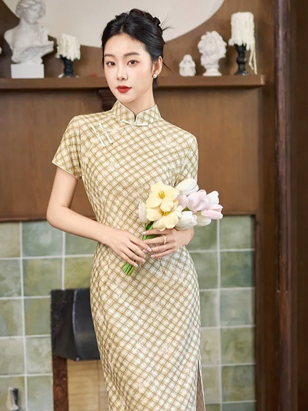 

Elegant Long Plaid Young Style 2026 Spring Summer New Short Sleeve Republic Style Daily Wear