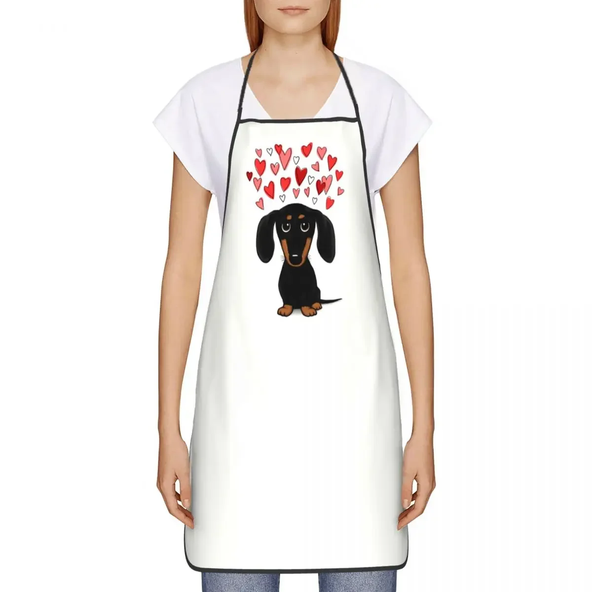 Dachshund With Hearts Aprons Women Men Cartoon Wiener Badger Sausage Dog Adult Kitchen Chef Bib Tablier Cuisine Cooking Baking