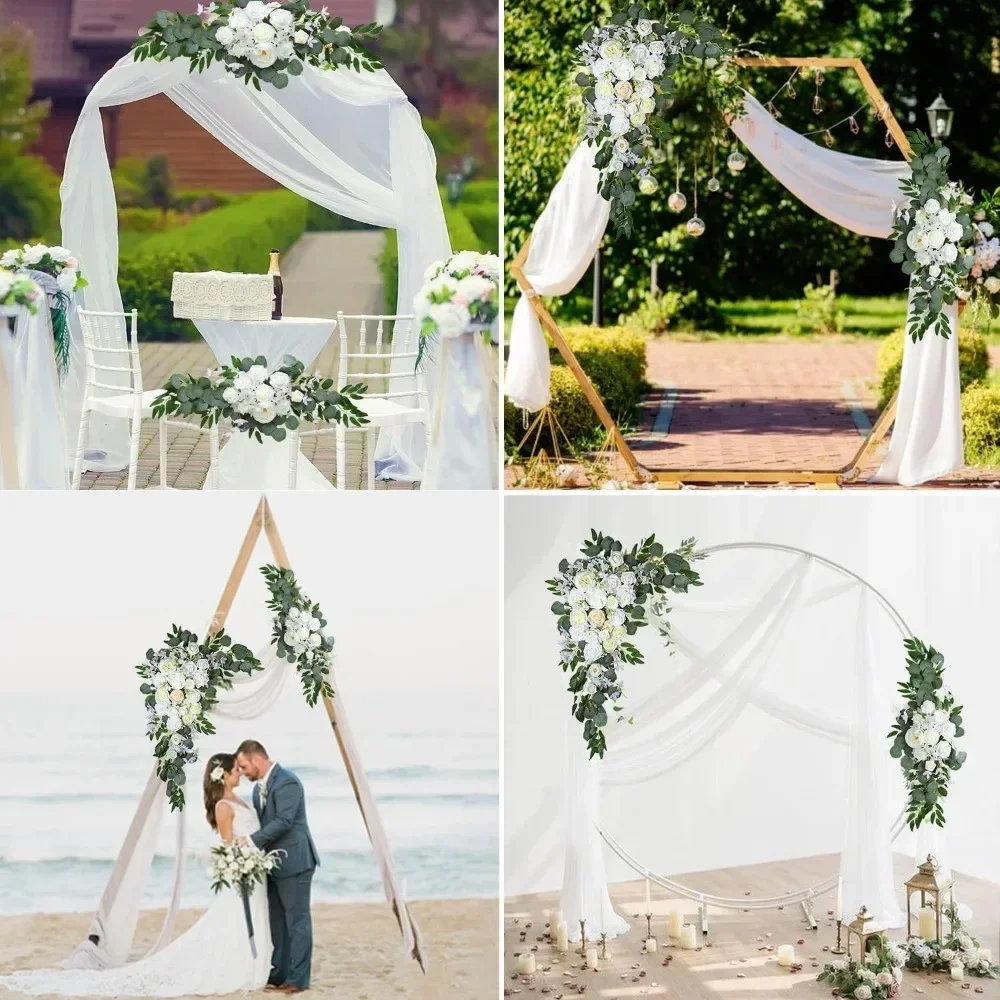 

l Wedding Arch Flowers Kit (Pack of 3)-2 Pc Flower Swag and 1pc 30" X 21Ft White Wedding Arch Drapes, White Arch Flowers