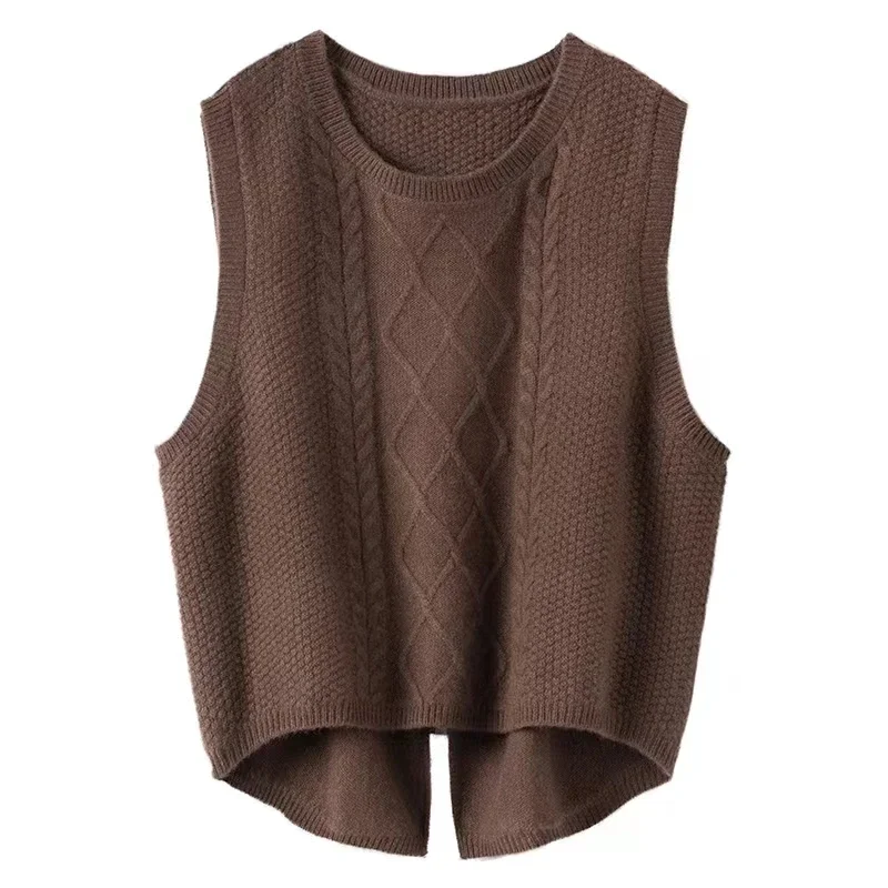 100% Merino Wool Vest Women\'s O-Neck Tank Tops Autumn and Winter New Twisted Knitted Cuff Shoulder Korean Fashion Warm Waistcoat