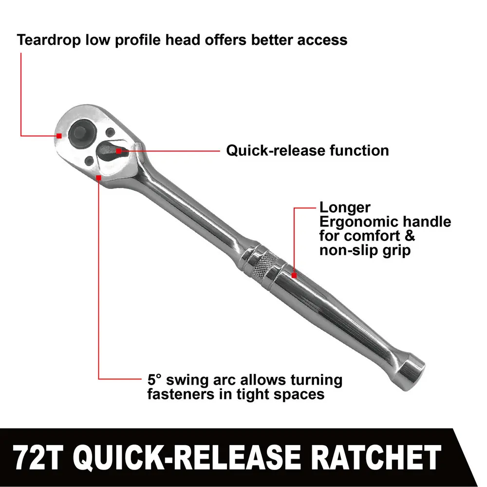 3 Pcs 72 Teeth Ratchet Handle Quick Release Narrow Place Using 1/4β 3/8β and 1/2β Drive