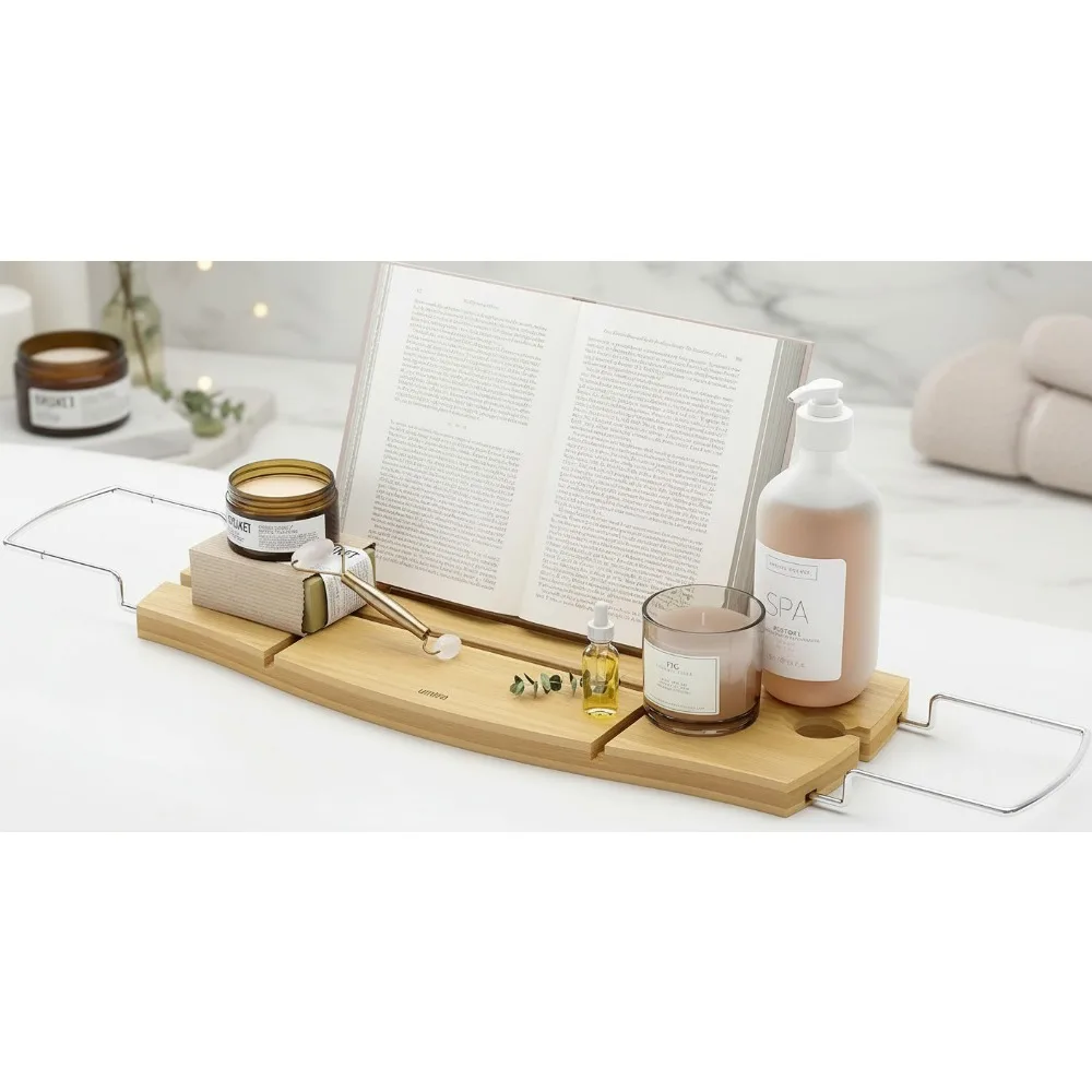 

Extendable Bamboo Bathtub Tray Caddy with Chrome Finish, Waterproof Spa Bath Accessory for Relaxing Soaks