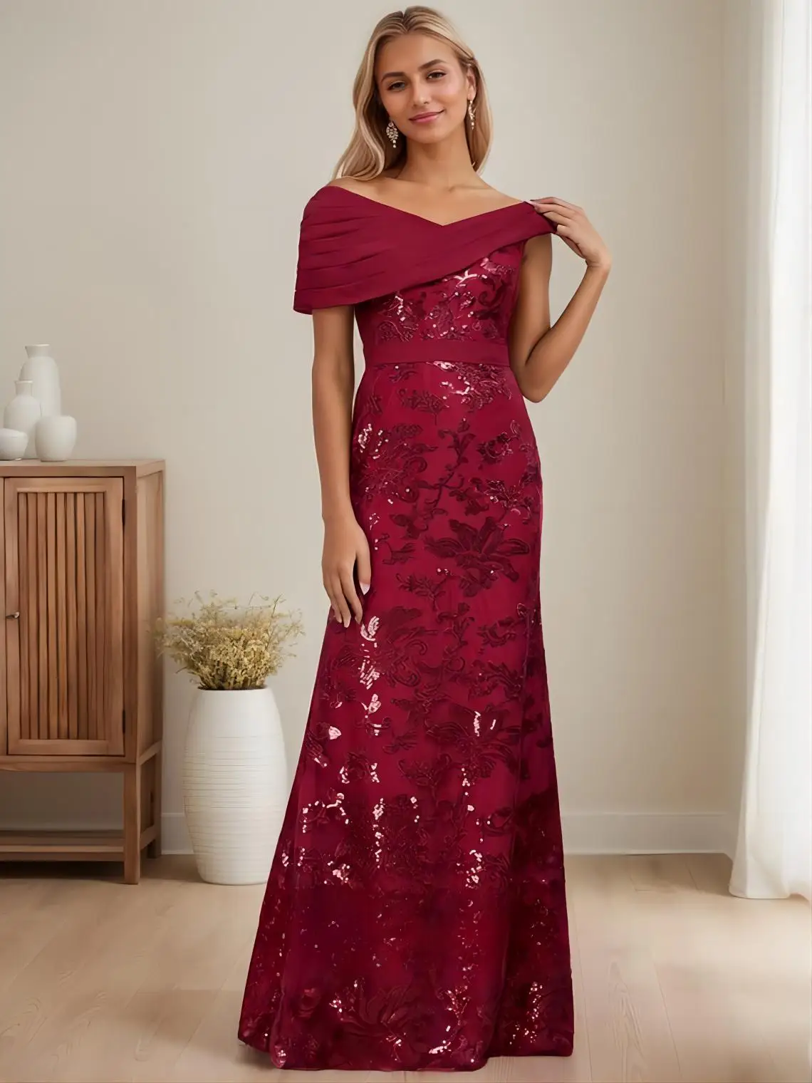 

Luxury Sheath Formal Gown Off the Shoulder Floor-Length Sequin Pleated Details Cap Sleeve Chiffon Prom Gown 2025 Free Customized