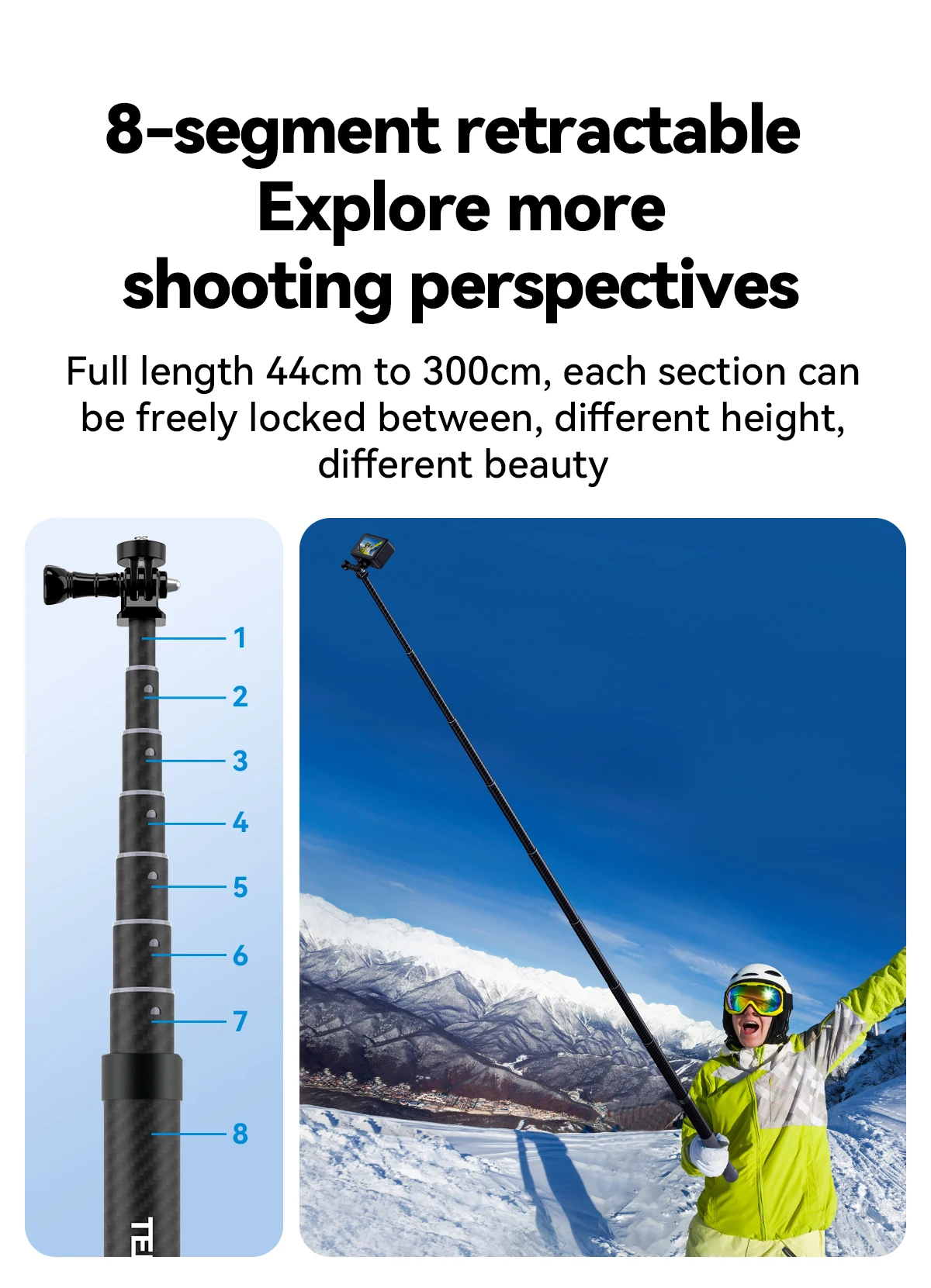 Telesin 3M 1,2M Unsichtbarer Carbonfaser-Selfie-Stick für Hero 13 12 11 10 9 DJI Action5 4 3 Insta360 X5 X4 Motorrad-Zubehör – Detail 12
