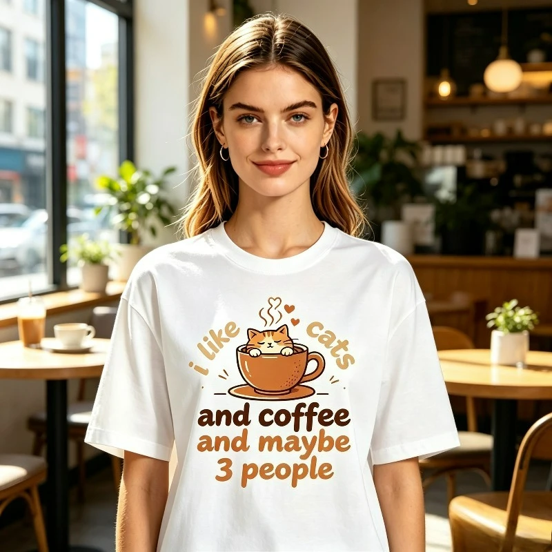 I Like Cats And Coffee And Maybe 3 People Print Women Modal T‑Shirt Funny Cat Lover Graphic Tee Daily Outdoor Holiday Streetwear