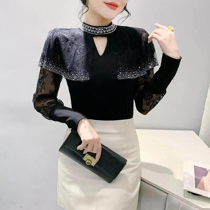 #7495 Black Lace T Shirt Women Hollow Out Sexy Vintage Long Sleeve T Shirt Female Diamonds Half High Collar Split Joint Ruffles